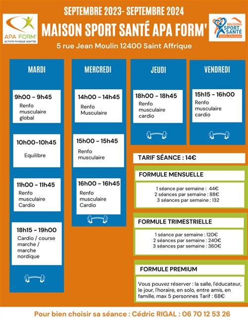 Planning des séances   MAISON SPORT SANTÉ APA FORM’- SAINT AFFRIQUE
