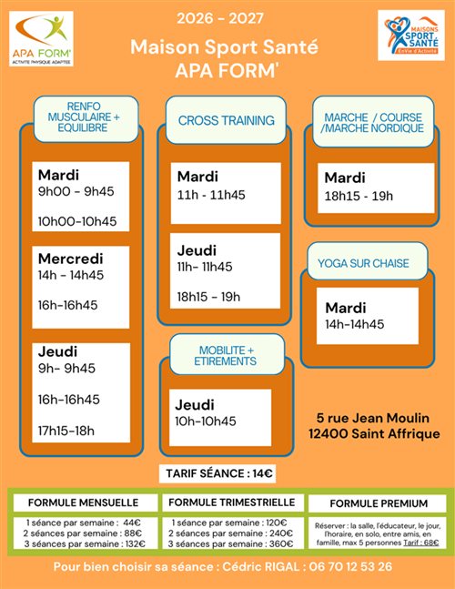 PLANNING MAISON SPORT SANTÉ APA FORM’- SAINT AFFRIQUE - 2026 2027
